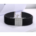 Rhinestone Centre Section Velvet Choker Fur Leather Necklace